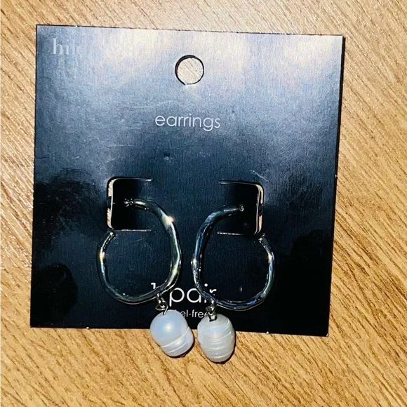 Hildie & Jo Silver Hoop Earrings with Pearl Charm - Picture 4 of 5